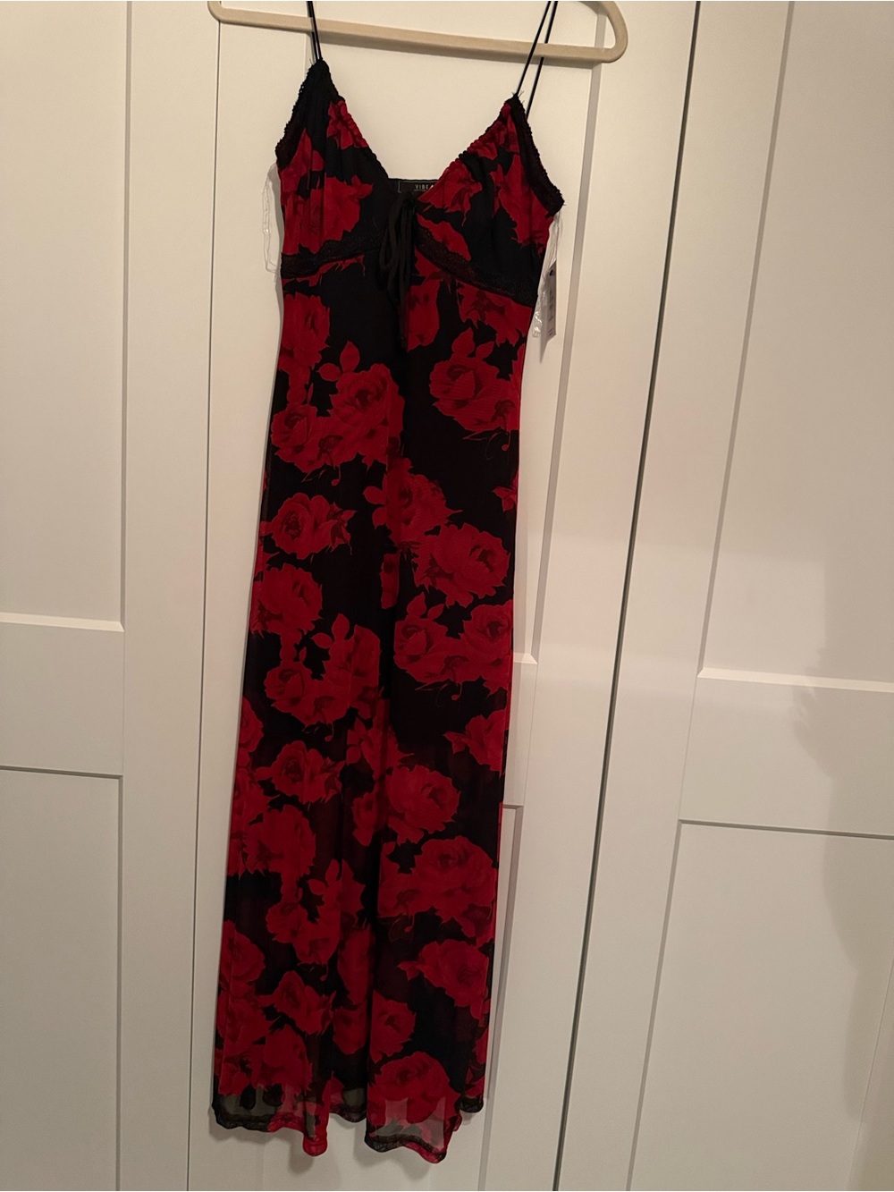 Black Slip Dress with Red Floral Print